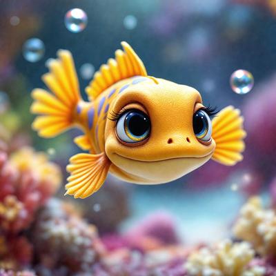 The primary subject of the image is a cartoon fish with a yellow and blue body, a pink nose, and a pair of eyes. The fish is swimming in a coral reef, surrounded by a variety of colorful coral and sea creatures. The visual style of the image is a digital art or illustration, giving it a vibrant and lively appearance. The colors and mood of the image are predominantly bright and cheerful, with the fish and its surroundings creating a sense of fun